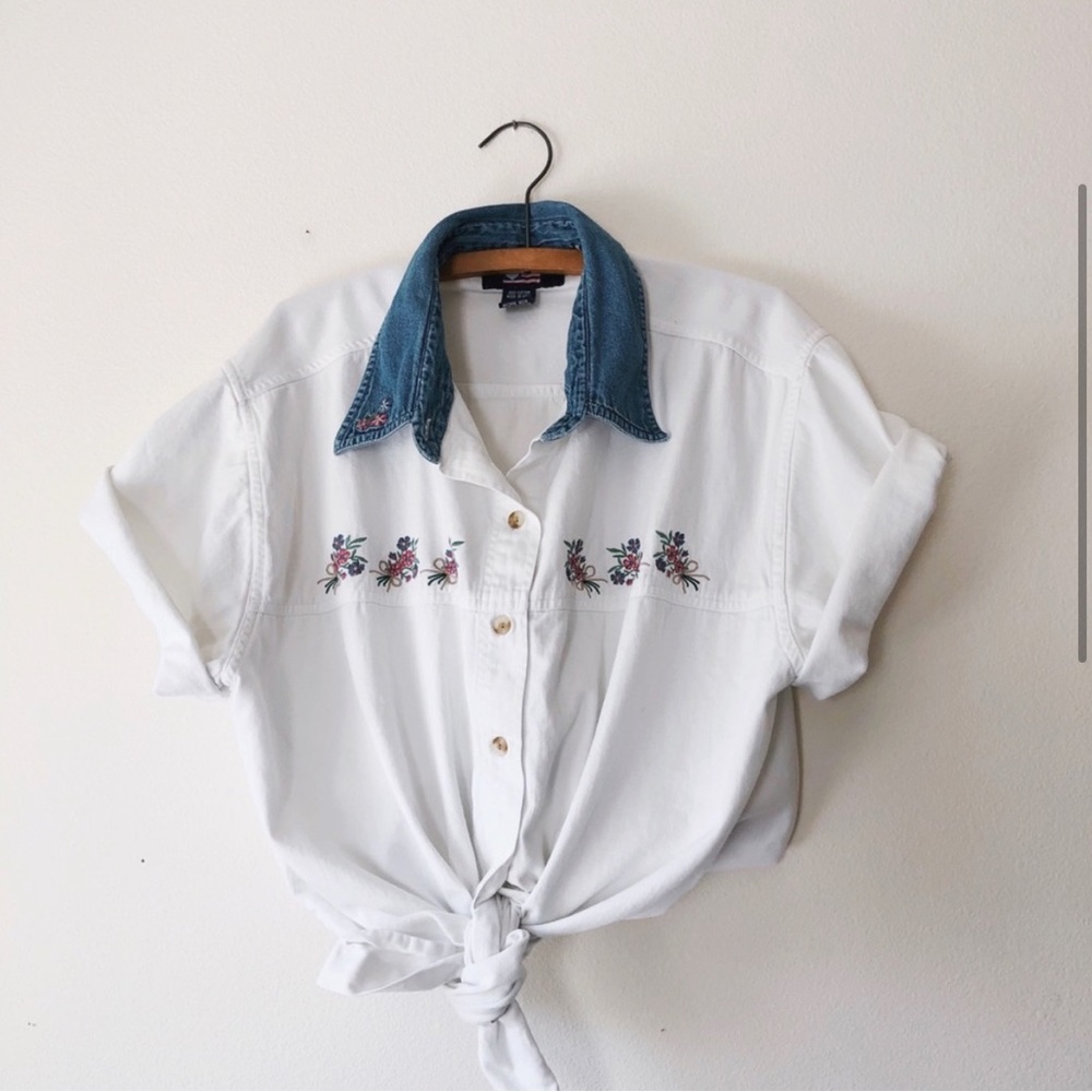 Vintage 90s white denim button up shirt short sleeve XL